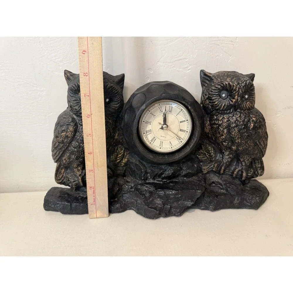 Vintage Double Owl Mantel Clock Retro‎ Faux Stone Quartz Desk Shelf Decor 1980s